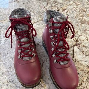 Bernardo Wine Lace-Up Hiking Boots with Plaid Collar